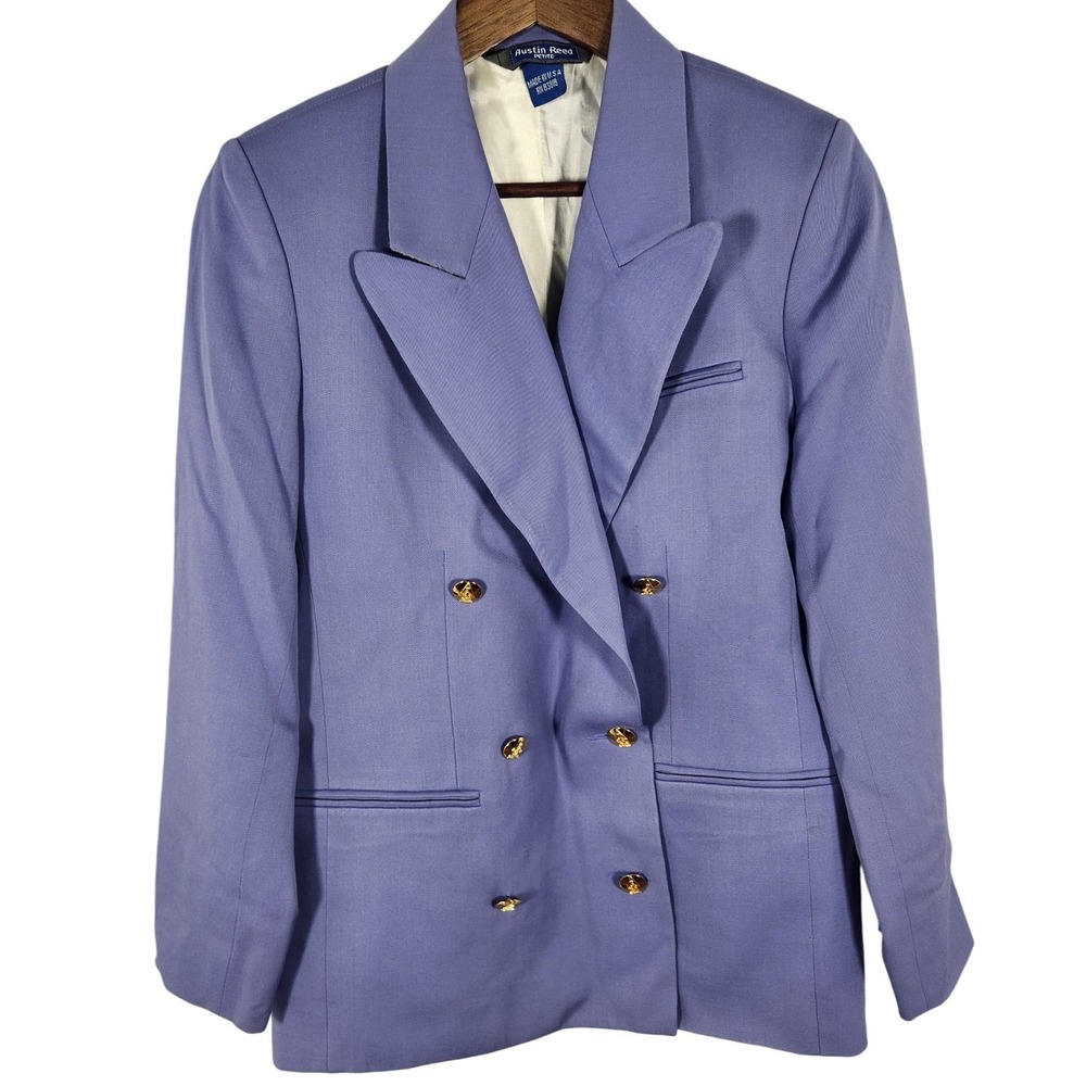 VTG‎ Austin Reed Petite Lavender Periwinkle Wool Double Breasted Blazer Size 8